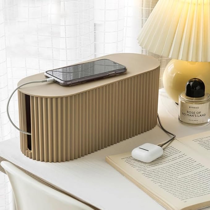 Cable Management Box,Desk Cord Organizer with Groove Cover,Plastic Cord Hider Box,Large Cable Box Organizer,Power Socket Management for TV/Computer/Router/Games Console Cable Storage (Milk Tea)