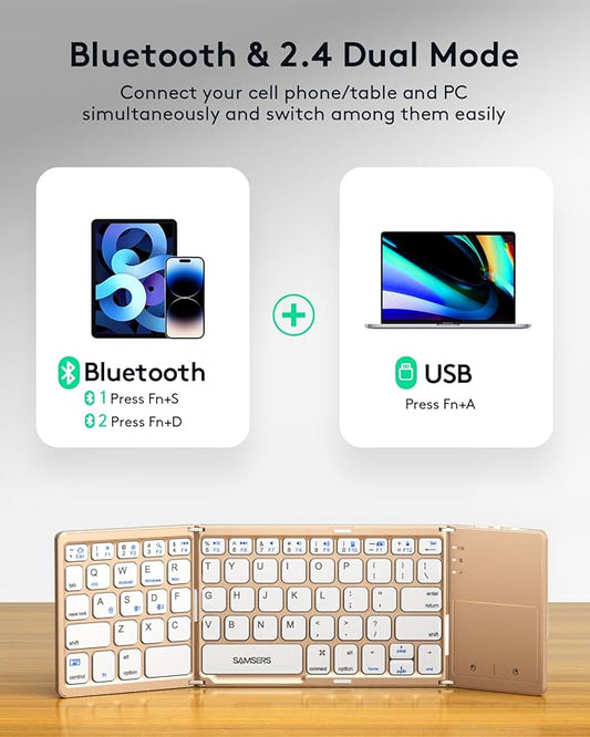 Samsers Multi-Device Foldable Bluetooth Keyboard with Touchpad, Rechargeable Dual-Mode(2.4G+BTx2) Wireless Keyboard with Holder, Portable Folding Keyboards for Android Windows iOS Mac OS - Gold