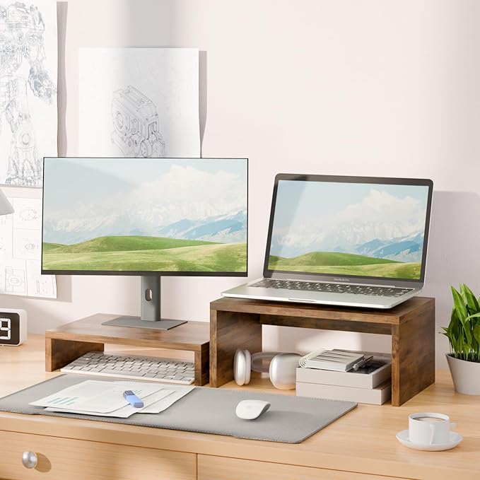 TEAMIX 2 Pack Monitor Stand Riser Rustic Brown,Wood 2 Tier Adjustable Monitor Stand Dual Monitor Riser for 2 Monitors/Laptop/PC Computer Stand Desktop Space Saver…