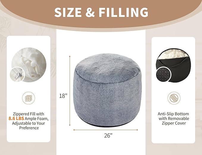 Round Pouf Ottoman Foot Rest Plush Ottoman Footstools for The Living Room Ottomans Stuffed Full of Foam Blocks 26 * 18" Large Foot Stool Dark Grey Footrests Hassocks and Ottomans Set
