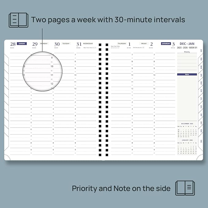 POPRUN 2026 Weekly Planner 30-Mintue (Medium 7'' x 8.5'') - From Jan 2026 to Dec 2026 - Two Pages Per Week Appointment Book with Monthly Tabs, Softcover, Inner Pocket, Pen Holder - Ink Blue