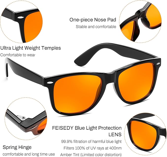 FEISEDY Orange Blue Light Blocking Glasses for Woman Men Amber Lenses Computer Gaming Glasses for Better Sleep