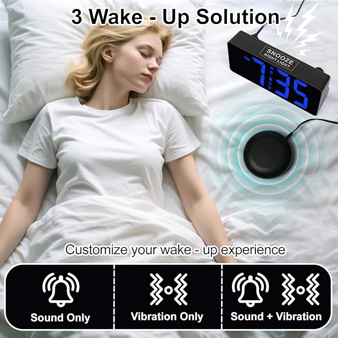 Alarm Clock for Bedroom Heavy Sleepers with Bed Shaker & Night Light-Vibrating Digital Clock Large Dimmable LED Digits with Dual Alarm & Charging Port Table Desk Clock for Hearing Impaired Seniors