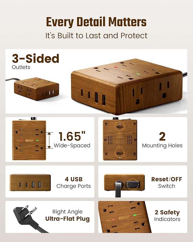 Brown Extension Cord 10Ft, Flat Plug Power Strip Surge Protector, 8 Outlets & 4 USB Ports (2 USB C), Desktop Charging Station Hidden Behind Furniture, Decorative Office Desk Accessories (Wood Grain)