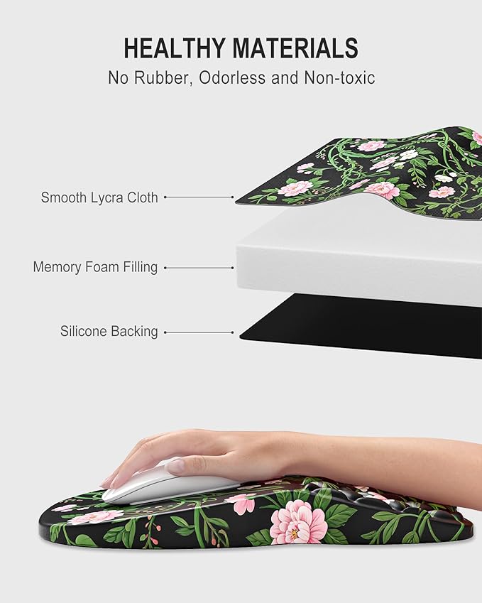 Auhoahsil Ergonomic Mouse Pad with Wrist Rest, Comfortable Slope Computer Mouse Mat with Wrist Support, Memory Foam Filling, Non-Slip Silicone Base, Pain Relief for Gaming Work, 8" x 12", Black Vines