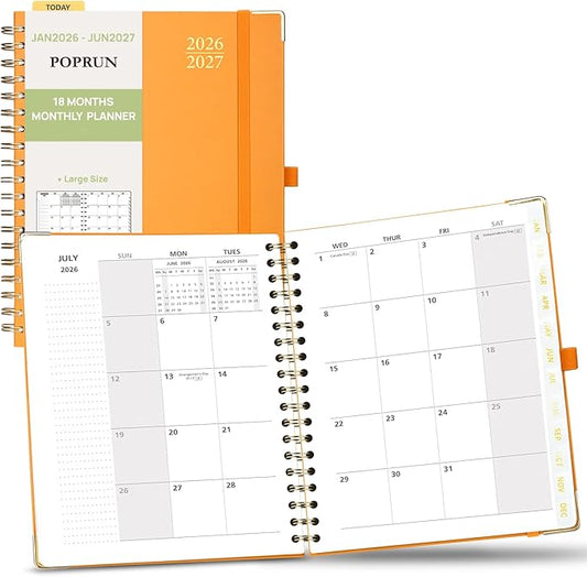 POPRUN Monthly Planner 2026-2027 Spiral Hardcover (8'' x 10''), 18 Months Calendar (Jan.2026-Jun.2027) - 2 Pages per Month with Dotted Note Pages, Sunday Start, Laminated Tab - Orange