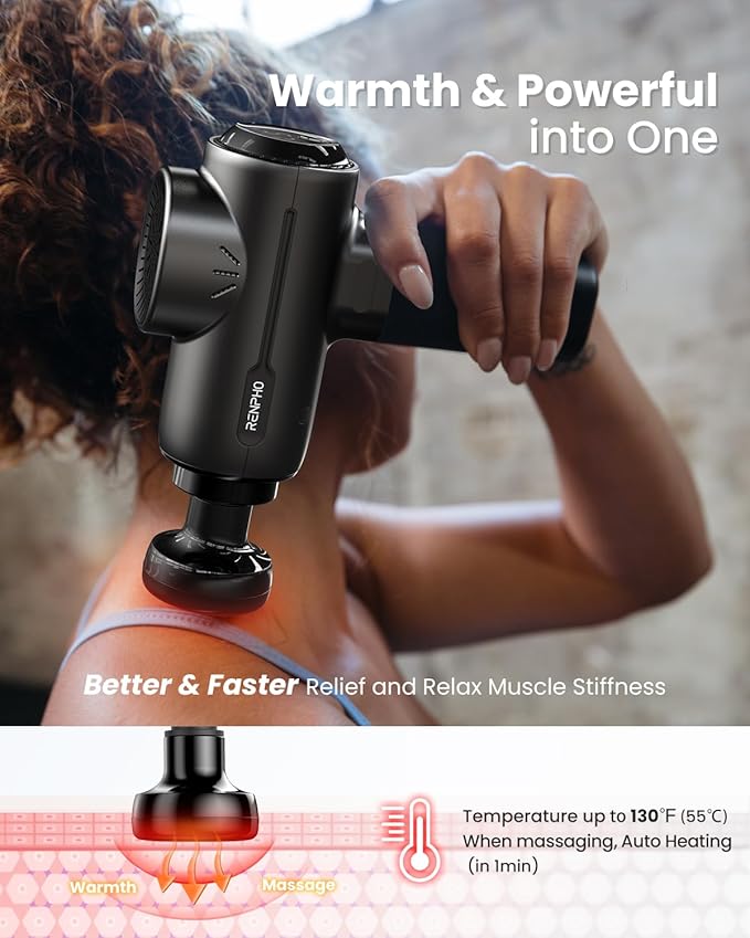 RENPHO Massage Gun with Heat, Portable Muscle Percussion Massager with Bluetooth for Back and Neck, 5 Replaceable Heads, Carry Case, Gifts for Men Women