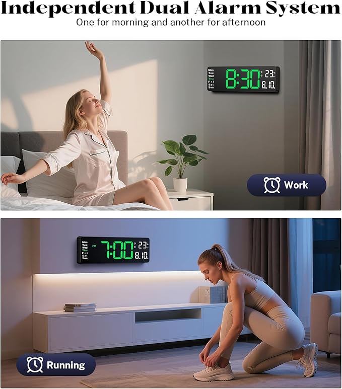 Digital Clock for Classroom, 16" Large Digital Clock with Remote Control, Led Wall Clock with Date, Week, Alarm, Temperature, Night Light for Living Room, Garage, Bedroom, Gym, Office(Green)