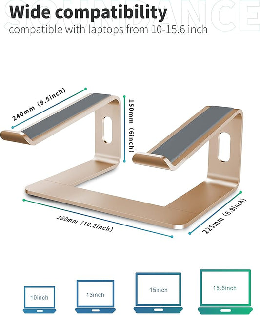 SOUNDANCE Laptop Stand, Aluminum Computer Riser, Ergonomic Laptops Elevator for Desk, Metal Holder Compatible with 10 to 15.6 Inches Notebook Computer, Gold