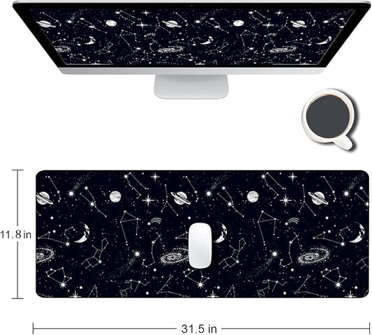 Large Gaming Mouse Pad with Stitched Edges, Black Constellation Desk Mat Extended Keyboard Pad, Non-Slip Rubber Base Desk Pad for Keyboard and Mouse, 31.5X11.8 inch, Sun and Moon