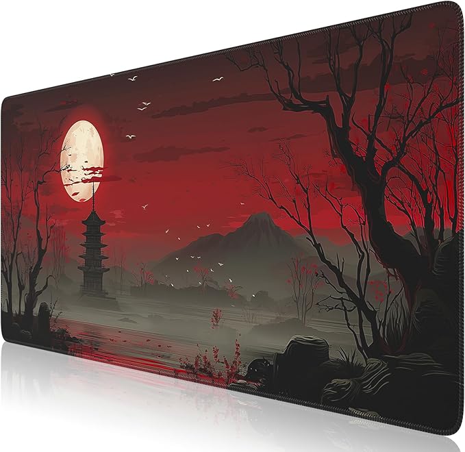 iCasso Desk Protector Mat, Large Japanese Mouse Pad, Stable Rubber Base Mousepad with Stitched Edges, Keyboard Mouse Mat Desk Pad for Work, Game, Office, Home(Full Moon)