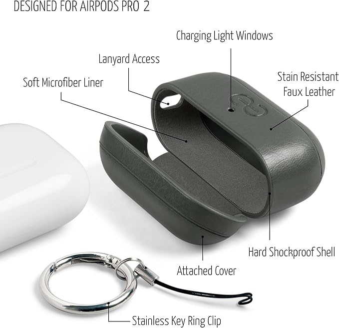 Dreem Om Case Cover with Keychain Clip Compatible with AirPods Pro 2/Pro, Protective One-Piece Hard Shell, Luxury Vegan Leather AirPod Pro Case 2nd/1st Generation with Separate Clip [Grey]