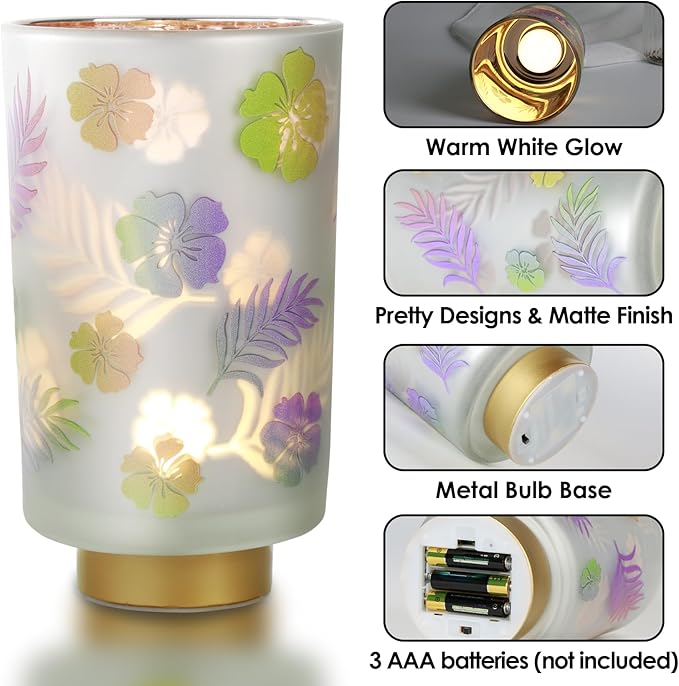 Eywamage 7" Tall Battery Operated Table Lamp, Floral Glass Lamp with Remote Timer, Cordless Accent Lamp Lights for Bedroom Living Room Kitchen