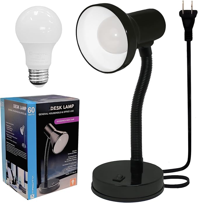 Xtricity LED Desk Light, 360° Adjustable Gooseneck, Home and Office Lamp with 7W A19 Bulb, 120V, On/Off Switch, 14” Height - Reading Lamps for Bedside Table, College Dorm (Black Finish)