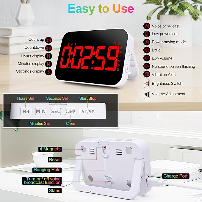 Digital Kitchen Timer Magnetic Countdown Countup Timer with Large LED Display Volume Adjustable with Sound Alert Function Easy for Cooking and for Seniors and Kids to Use-Red
