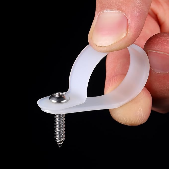Hicarer 50 Pack R-Type Cable Clip Wire Clamp, Nylon Screw Mounting Cord Fastener Clips with 50 Pack Screws for Wire Management (White, 1 Inch)