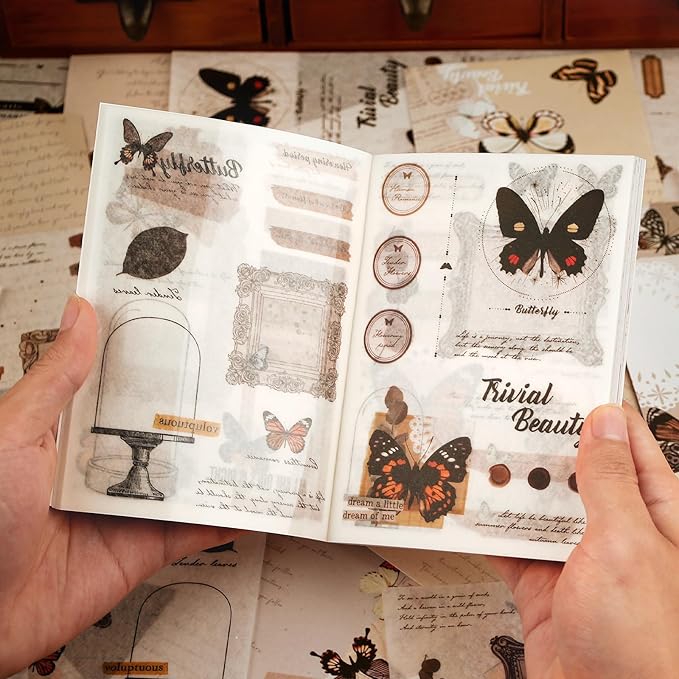 Dizdkizd Washi Stickers for Journaling, Vintage Ephemera Book for Scrapbooking with 180pcs Butterfly Stickers and 20 Sheets Adhesive Scrapbook Papers, Junk Journal Supplies