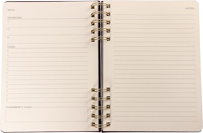 Daily Task Journal by Graphique Luxe Collection, Fabric-Wrapped Hardcover Spiral Notebook for Planning & Writing, Priority List Planner with Magnetic Bookmarks & Gold Foil Embossing,192 Pages, 6” x 8”, Plum Red