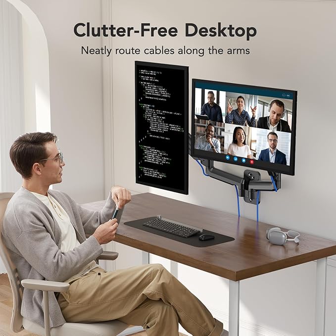 HUANUO Dual Monitor Wall Mount for 17-32 Inch Screens - Height-Adjustable Gas Spring Arms (Per Arm 4.4-17.6lbs) - VESA 75x75/100x100 - Tilt, Swivel, Rotation - Home Office & Workspace Desk Setup