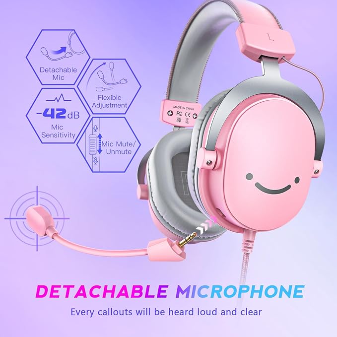 FIFINE USB Gaming Headset, PC Over-Ear Wired Streaming Headset with 3.5mm Jack, Detachable Microphone, 7.1 Surround Sound, Control Box, Passive Noise Cancellation, for PS5/Xbox/Switch-H9 Pink