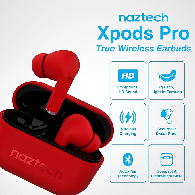 Naztech Xpods PRO Ear Buds - (Red) True Wireless Earbuds Noise Cancelling Earbuds Wireless Bluetooth Earphone for Gym Sound Cancelling in Ear Headphones Fitness Earphones Includes Charging Case