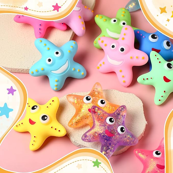 Meooeck 12 Pack Axolotl Stress Relief Toys Glitter Axolotl Starfish Stress Balls Fun Relaxing Squeeze Fidget Toys Relieve Anxiety Squeeze for Birthday Party Goodie Bag Stuffers(Starfish)