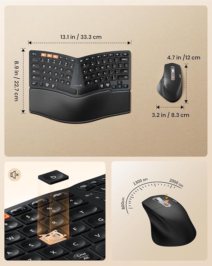 ProtoArc Bluetooth Ergonomic Keyboard Mouse, EKM04 Mini Compact Wireless Ergo Keyboard Mouse Combo, Split Design, Wrist Rest, Multi-Device, Rechargeable, for Windows/Mac - Black