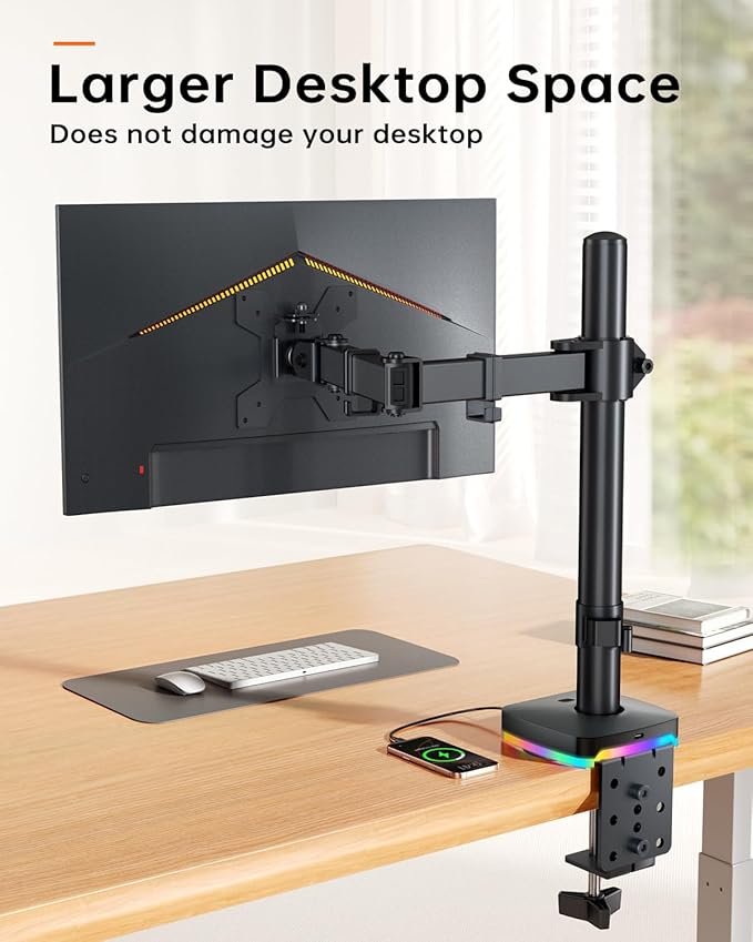 RGB Single Monitor Stand, Fully Adjustable Monitor Desk Mount Sturdy Stepped Arm Design up to 17.6lbs Desk Mount withRGB USB & USB-C High Speed Data Transfer C-Clamp 75x75/100x100 VESA