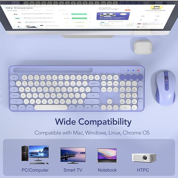 Wireless Keyboard and Mouse Combo, Retro Round Keycap Typewriter Keyboard with Phone/Tablet Holder, Cute Colorful Keyboard for Computer/Laptop/Windows by SABLUTE (Purple)