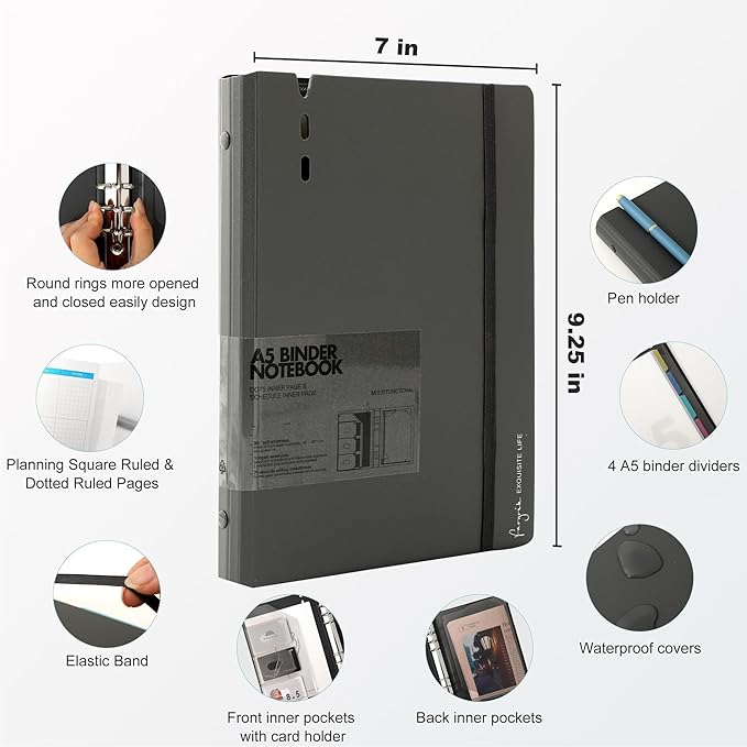 CAGIE A5 Binder 6 Ring Notebook with Dividers Refillable Planner Binder with Pockets, Refill Paper Include Planning Square Ruled and Dotted Pages, 7 x 9.25 in, (Grey and Grey, A7 & A5 Dot Page)