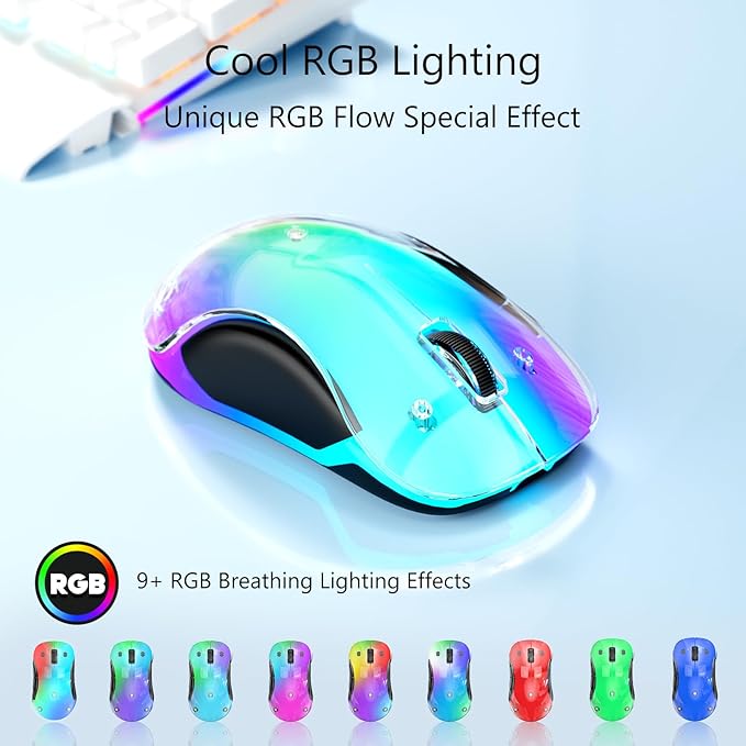 memzuoix 2.4G Wireless Mouse with Customizable Cover & 9-Color LED - Rechargeable Ergonomic, 1200 DPI, 5 Buttons, USB Receiver for PC/Mac - White