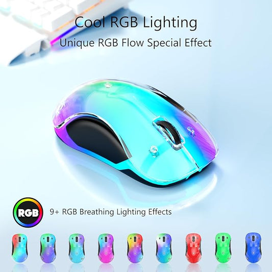 memzuoix 2.4G Wireless Mouse with Customizable Cover & 9-Color LED - Rechargeable Ergonomic, 1200 DPI, 5 Buttons, USB Receiver for PC/Mac - White