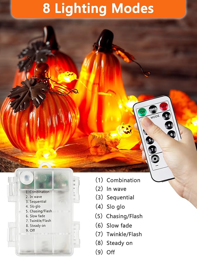 Halloween Fairy Lights Battery Operated 15Ft 40LED Orange Pumpkin String Lights 8 Modes with Remote, Warerproof Twinkle Lights with Timer for Indoor and Outdoor Halloween Decorations for Party Holiday