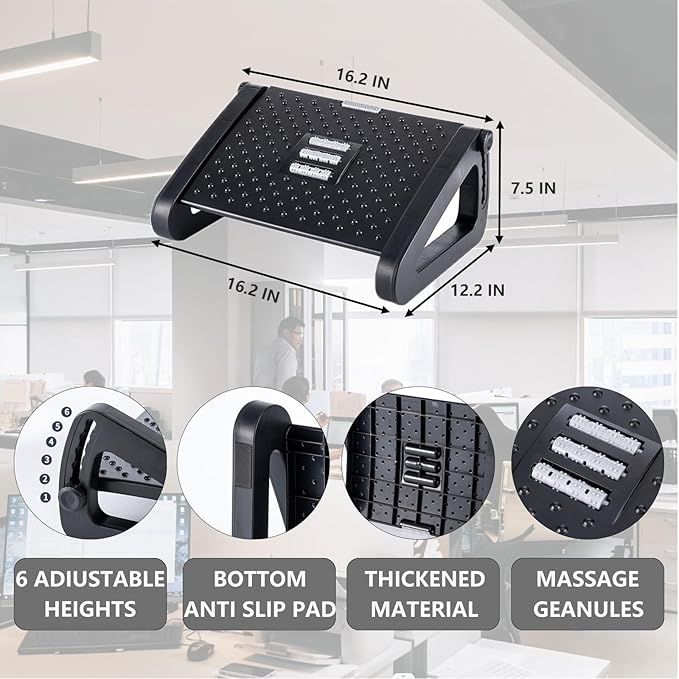 Foot Rest for Under Desk at Work,Ergonomic 6-Height Adjustable Footstool，Under Desk Footrest with Foot Massage Roller,Chair Footstool for Leg (Black)