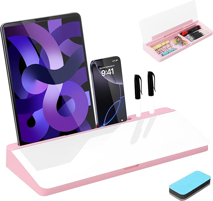 KVY Pink Desk Whiteboard with Storage,Desktop Glass Dry Erase White Board Organizers Supplies with Accessories for Women.Office, Home, School Essentials
