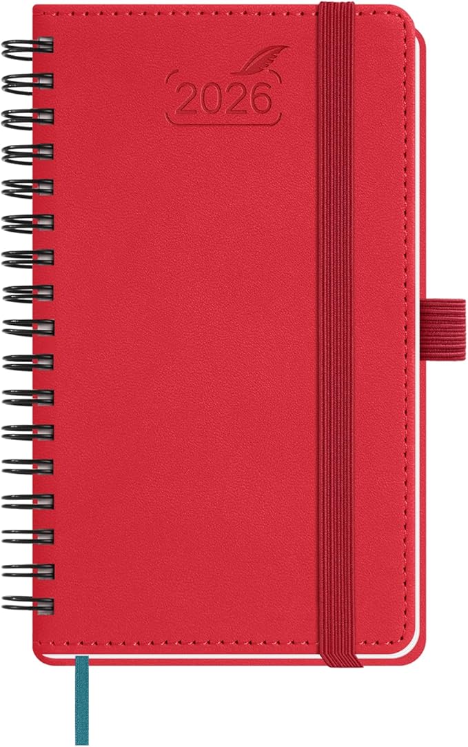 BEZEND Pocket Calendar 2026 Weekly and Monthly (3.5" x 6" Spiral) Small Daily Planner for Purse (Jan-Dec) with Notes & Expenses, Inner Pocket, Pen Holder, Vegan Leather Softcover - Red