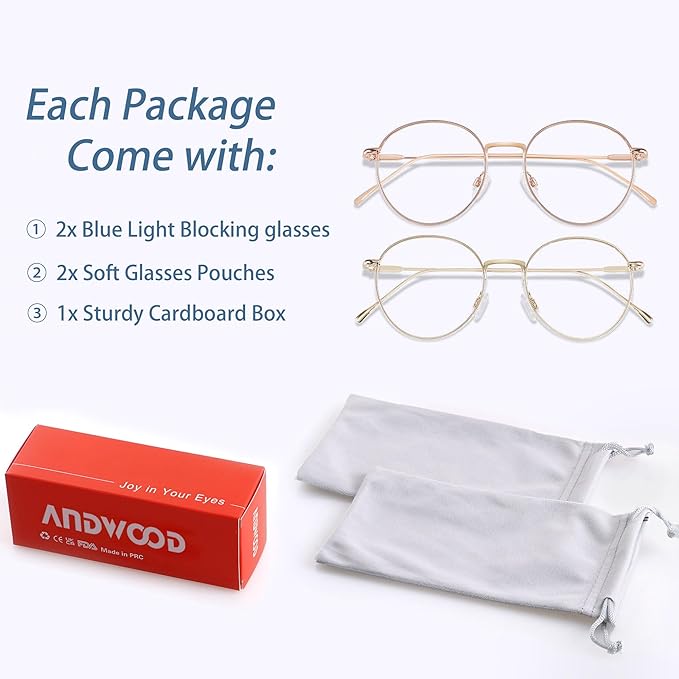 ANDWOOD Blue Light Blocking Glasses Women Men Small Face Computer Clear Bluelight Blocker Super Lightweight Metal Frame Round