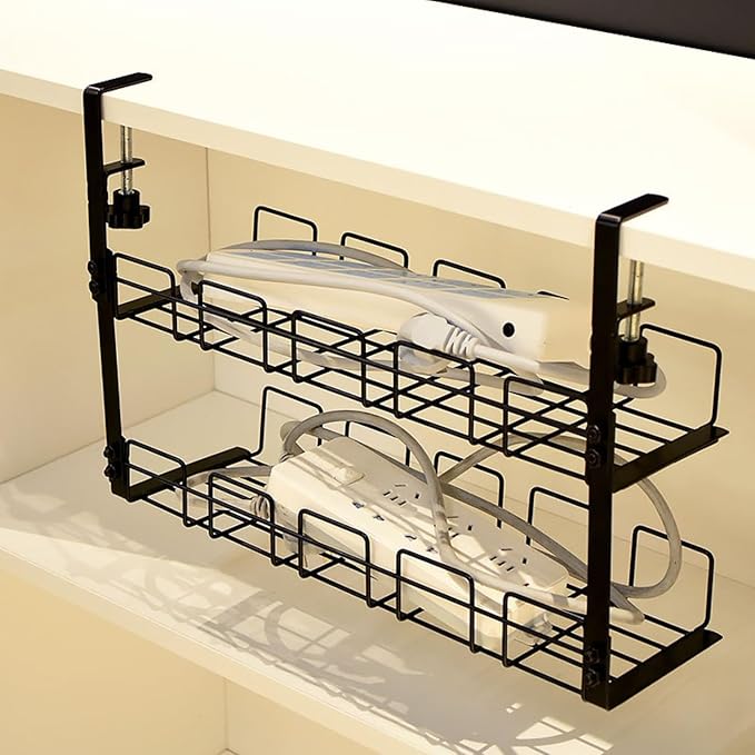 Metal Under Desk Cable Management Tray No Drill, 2-storey, Retractable Power Strip Holder with Clamps Tray with Desk Wire Management and Cord Organizer for Home Office (Black, 2L)