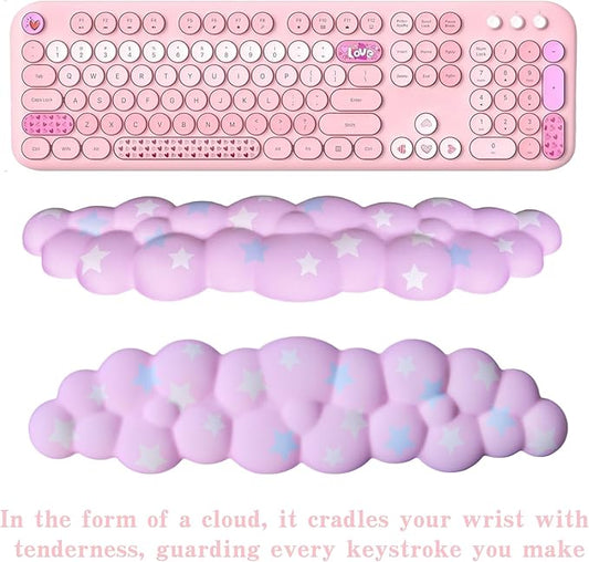 Cloud Wrist Rest Set for Keyboard and Mouse, Includes Cute Coaster, with Computers and Laptops (Pink Colorful Star Set)
