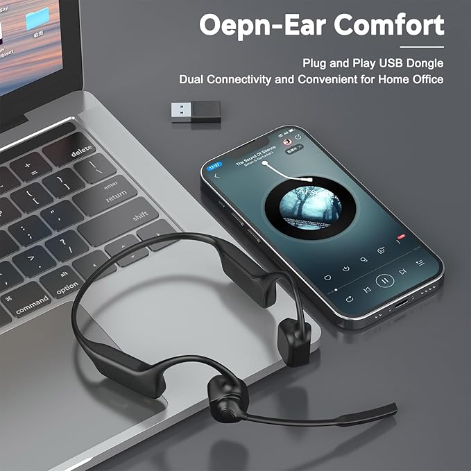 Bone Conduction Headphones with Microphone Boom, Wireless Bluetooth PC Headsets with Noise Canceling Mic for Work, Call, Meeting, 10 Hours Talk Time