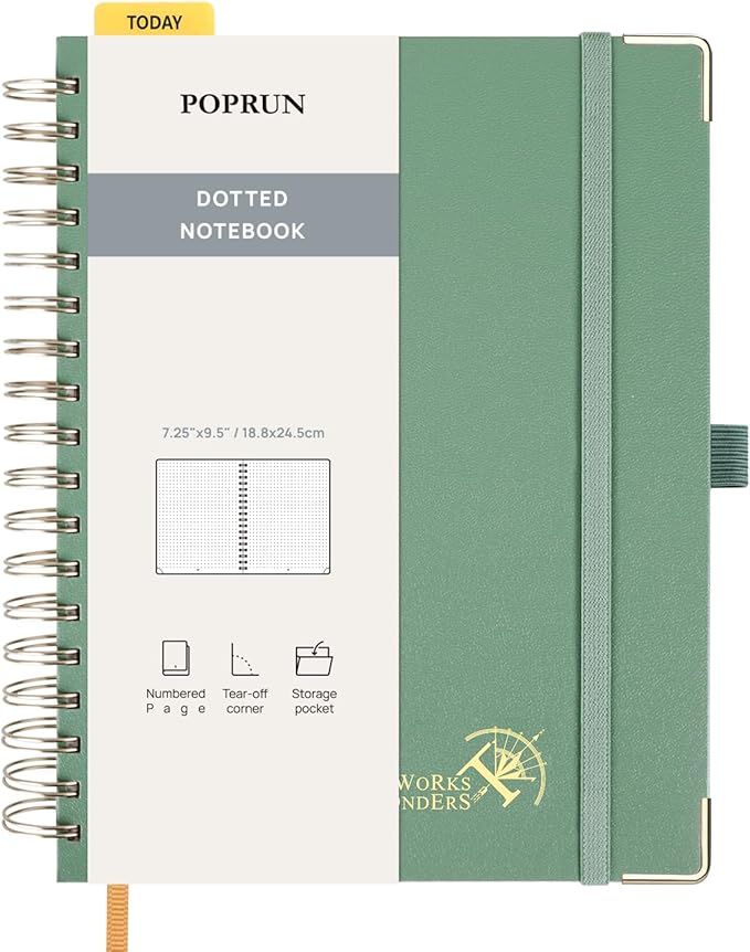 POPRUN Spiral Dotted Journal Notebook, 7-1/4" x 9-1/2" - 120 GSM Thick Paper, 220 Numbered Pages, Hardcover for Men & Women with Pocket, Index Tabs, 8 Perforated Sheets, Midnight Green