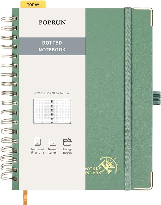 POPRUN Spiral Dotted Journal Notebook, 7-1/4" x 9-1/2" - 120 GSM Thick Paper, 220 Numbered Pages, Hardcover for Men & Women with Pocket, Index Tabs, 8 Perforated Sheets, Midnight Green