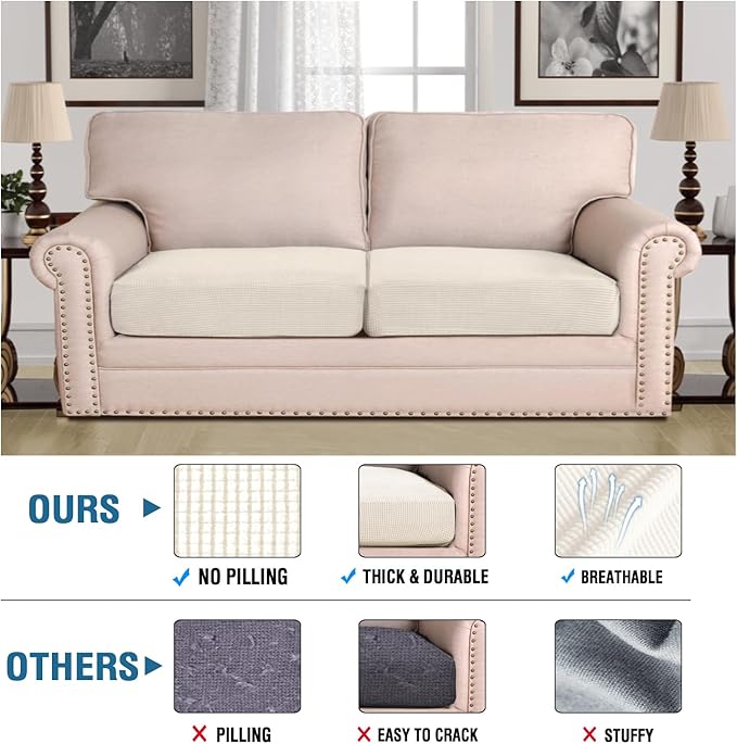 H.VERSAILTEX Super Stretch Individual Seat Cushion Covers Sofa Covers Couch Covers Slipcover Sets Thick Jacquard Textured Twill Fabric (2 Piece Large Sofa Cushion Covers, Natural)