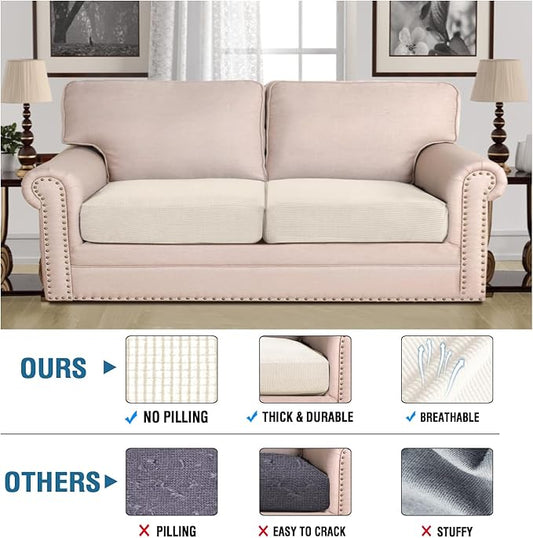 H.VERSAILTEX Super Stretch Individual Seat Cushion Covers Sofa Covers Couch Covers Slipcover Sets Thick Jacquard Textured Twill Fabric (2 Piece Large Sofa Cushion Covers, Natural)