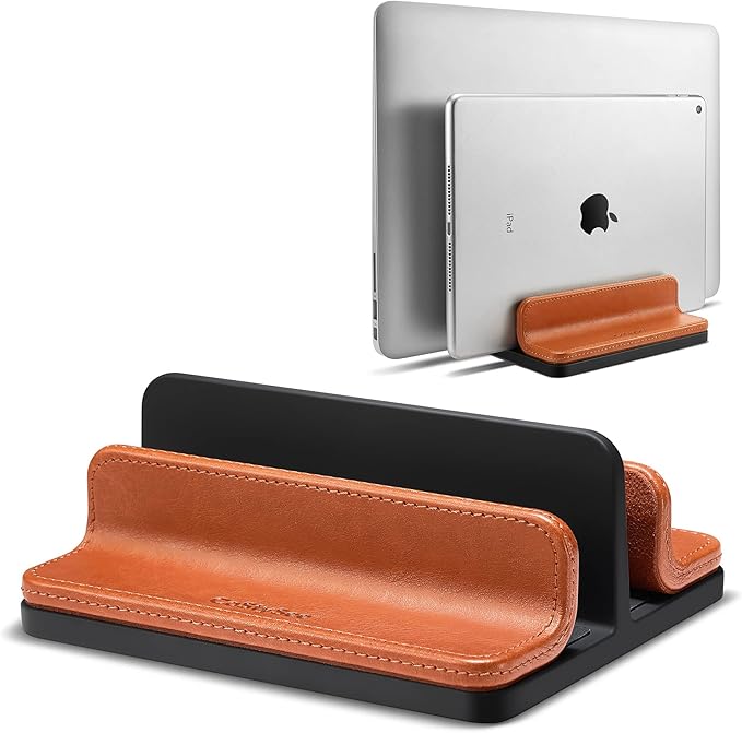 Leather Vertical Laptop Stand,Dual Laptop Holder Stand,Laptop Organizer with Adjustable Dock (18-26mm/0.7-1 in) for All MacBook/Tablet/Surface/Dell/iPad (Brown)