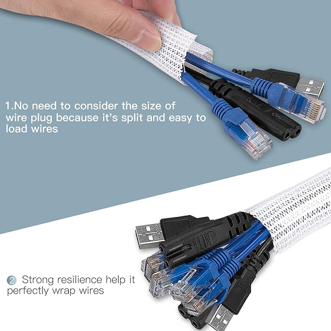 AGPTEK Cable Sleeve Cover, 10ft - 1.5 inch Desk Cord Organizer Cable Hider, Home Office Wire Management Computer TV Wire Loom Tubing, Pet Proof Cord Protector, from Cat Dog Chewing, White