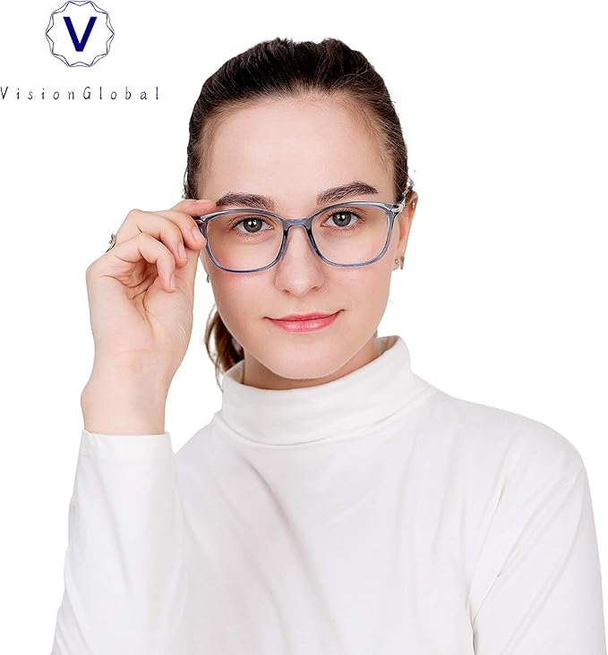 VisionGlobal Blue Light Blocking Glasses for Women/Men, Anti Eyestrain, Computer Reading, TV Glasses, Stylish Square Frame, Anti Glare(Clear Blue,+3.50 Magnification)