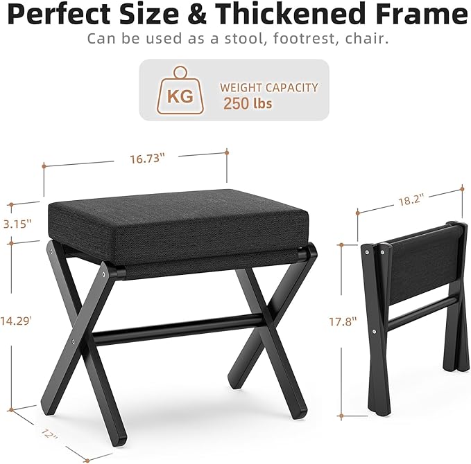 Foldable Foot Stool Ottoman, Modern Foot Rest with Bamboo X Legs & Thick Foam Cushion, Folding Foot Stools Small Padded for Bedroom Living Room, Makeup Vanity Stool Chair (Black - Black)
