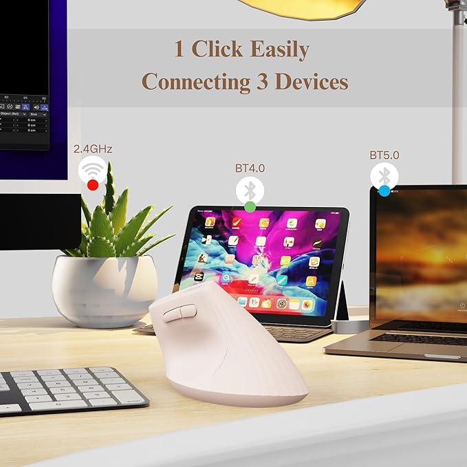 Ergonomic Wireless Mouse Pink,Bluetooth Vertical Mouse with BT5.0/4.0/2.4G, Rechargeable with Battery Indicator,Ergonomic Design for Comfort and Reduced Wrist Strain for Home,Office Use Pink