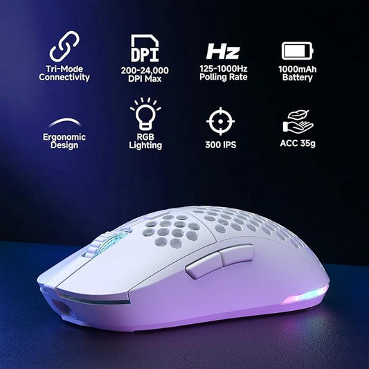 DIERYA M1 Wireless Gaming Mouse, 24000DPI, 180Hrs Battery, 16.8M RGB, 6 Programmable Buttons, Lightweight, Tri-Mode (2.4G/BT5.2/USB-C) for PC/Mac/Laptop - White